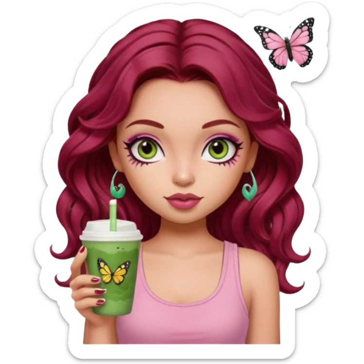 a pretty fair bratz girl with wavy dark red hair, wearing a pink tank top , carrying a matcha . eyeliner on. butterfly tattoo on arm sticker