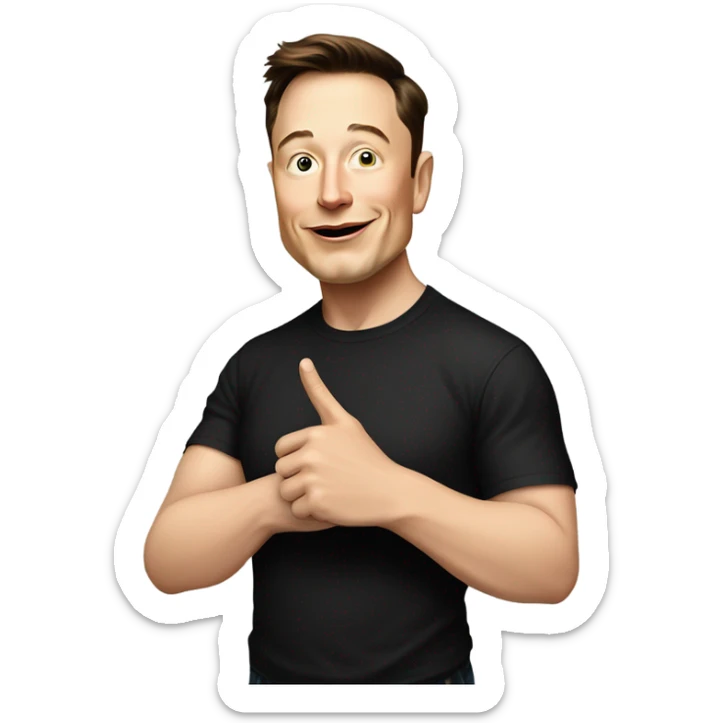A cartoon-style illustration of Elon Musk with a confident smirk, wearing his signature black t-shirt, pointing downward with both index fingers toward the content below. His facial expression should convey a mix of enthusiasm and playful authority.  sticker