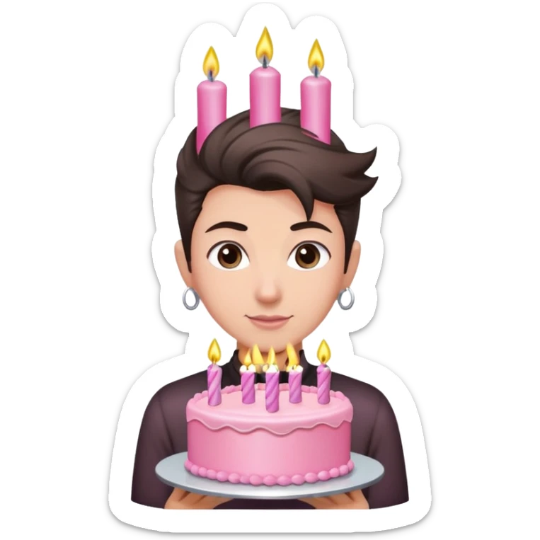 Persona con cabello recogido, camisa café oscura y pastel rosado de cumpleaños con velas plateadas  sticker
