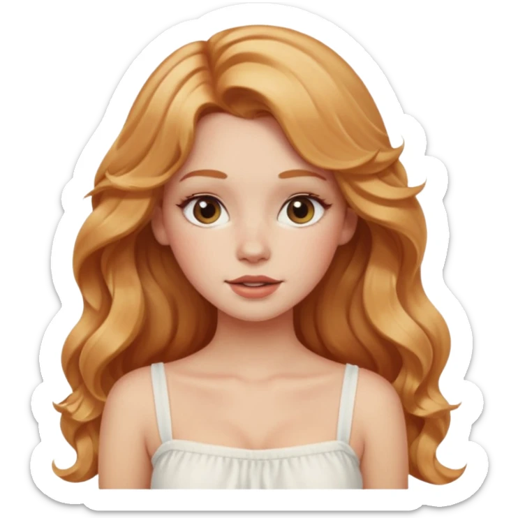 white girl with strawberry blonde super long wavy hair, white tube top, blushed cheeks sticker