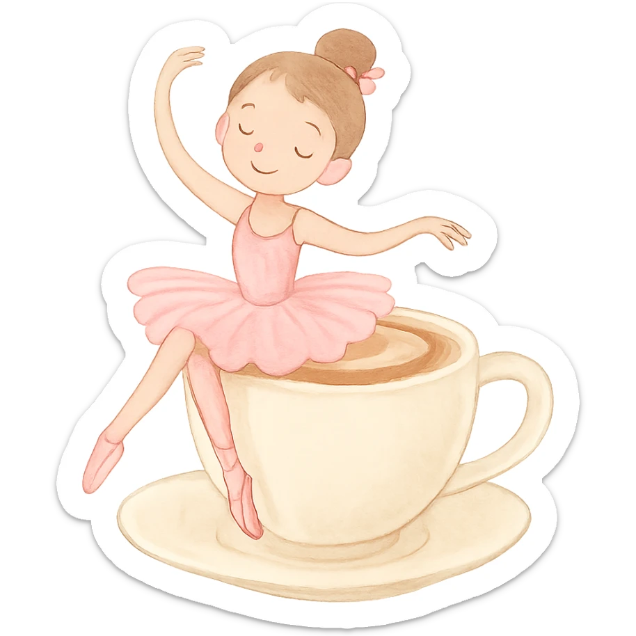 a playful and light ballerina sitting on the rim of a cappuccino cup, pastel colors, no background sticker