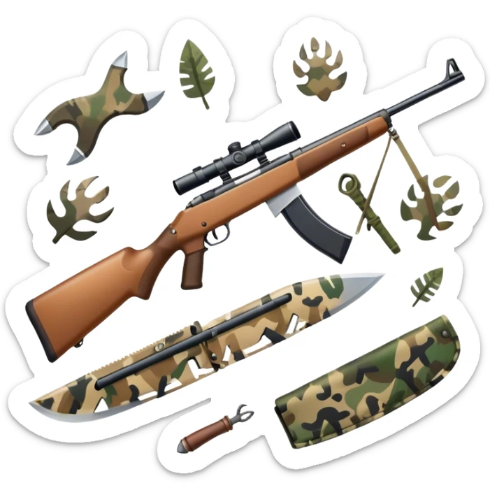 Icon for Hunting: a rifle, hunting knife and a set of animal tracks on the ground, surrounded by a camouflage pattern. The icon should represent the tools and spirit of hunting. Transparent background. sticker