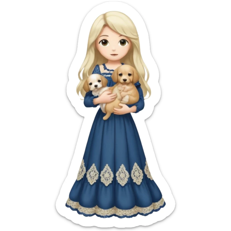 Pastel anime lady long hair with long lace dress full body holding puppy sticker