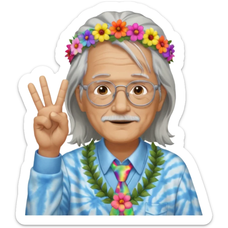 elderly man with long grey hair, glasses, peace sign necklace, tie-dye clothing, flower crown sticker