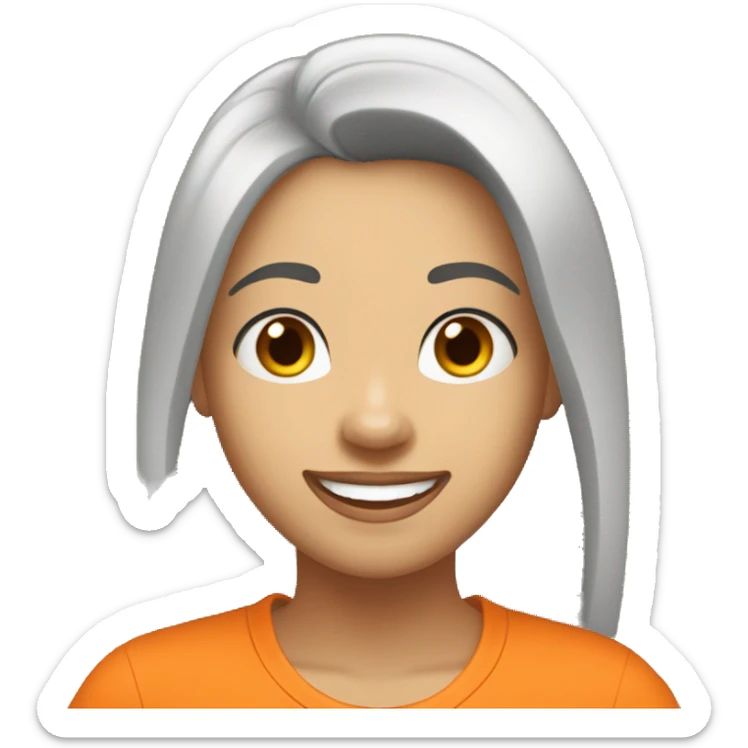 happy woman, black straight hair, light skin color, orange t-shirt writed "AMÉM!" sticker