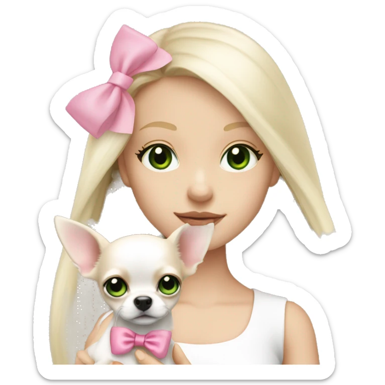pale blond girl with long platinum hair with green eyes holding a white chihuahua puppy that wearing a pink bow sticker