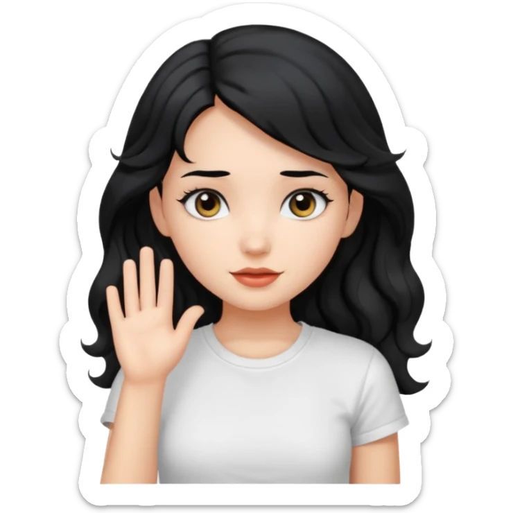 Cute beautiful girl,Black hair,wavy long hair, Black eyes, white T-shirt sticker