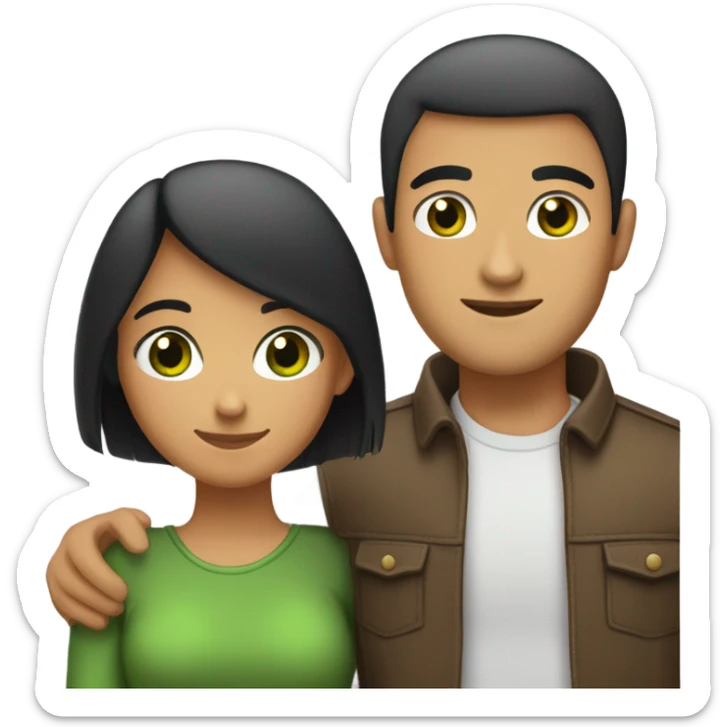 A couple hugging, girl has long black straight hair green eyes medium tan, guy has a buzz cut brown hair green eyes  sticker