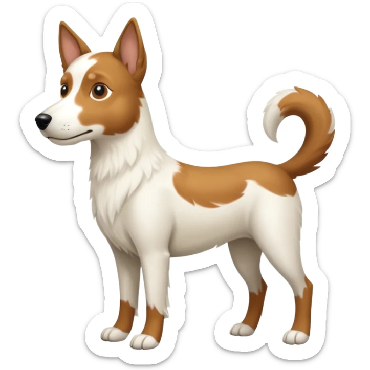 a full body white parsel russell looking dog the size of a kelpie with light brown ears and a light brown patch on one eye and a large snout sticker