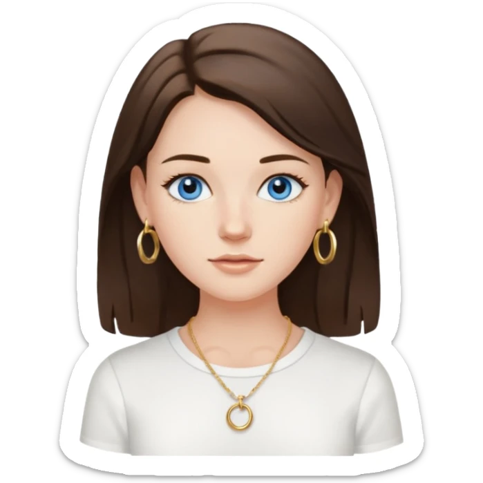 Create an emoji of a pretty white Girl with brunette hair blue eyes faint freckles and medium length hair wearing a white shirt with gold hoop earrings and a gold necklace  sticker