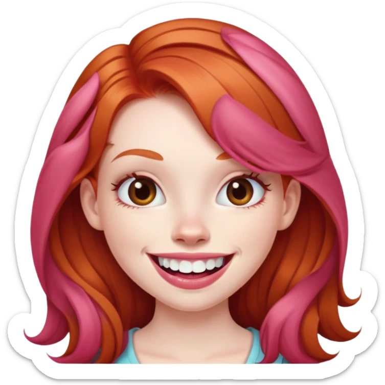 Young girl with pale skin, full pink lips smiling with big teeth, ginger red hair (very long), bigger nose, deep brown eyes (less green), big mouth sticker