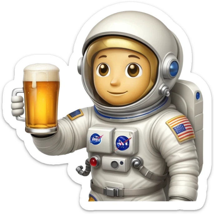 a pint of beer wearing a space suit, astronaut beer glass sticker