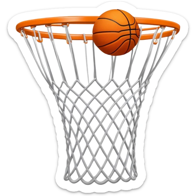 Basketball just entering the top of white net, beginning of swish, iOS emoji style sticker