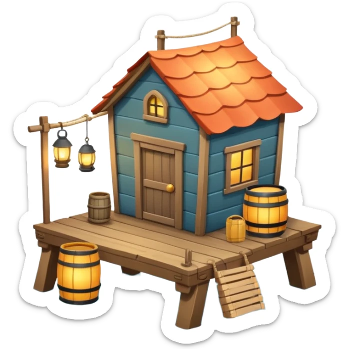 
fisherman house on a wooden pier, small dock, fishing nets hanging, barrels, lantern, ocean vibe, 3D cartoon, cute mobile game icon, clean background, no text
 sticker