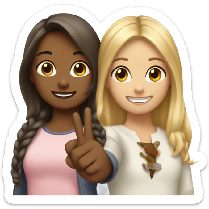 A girl with blond hair and a girl with brown hair doing the peace sign together  sticker