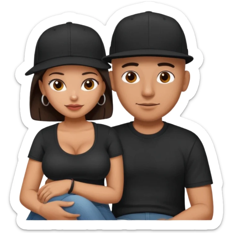 A picture of a tanned couple. the man is a Mexican man with tanned skin, with a bald hair cut wearing a SnapBack hat and a black shirt. the woman on his lap has thick dark brown hair and with big naked boobs that he is grabbing sticker