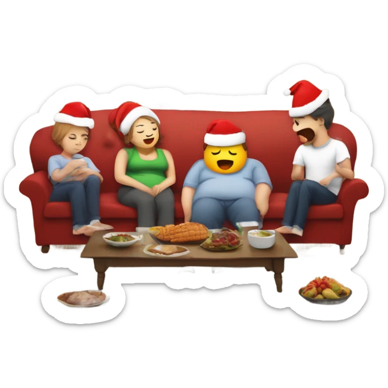 Family on couch wearing Christmas hats. Two people sleeping. One person burping with speech bubble saying ‘burp’. All with fat belly’s. Christmas dinner and turkey on the floor.  sticker