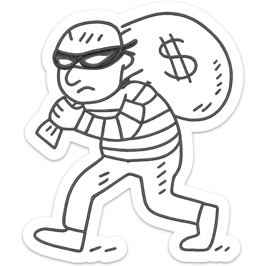 A thief with a bag of money on his back, wearing a striped suit and a black eye mask sticker