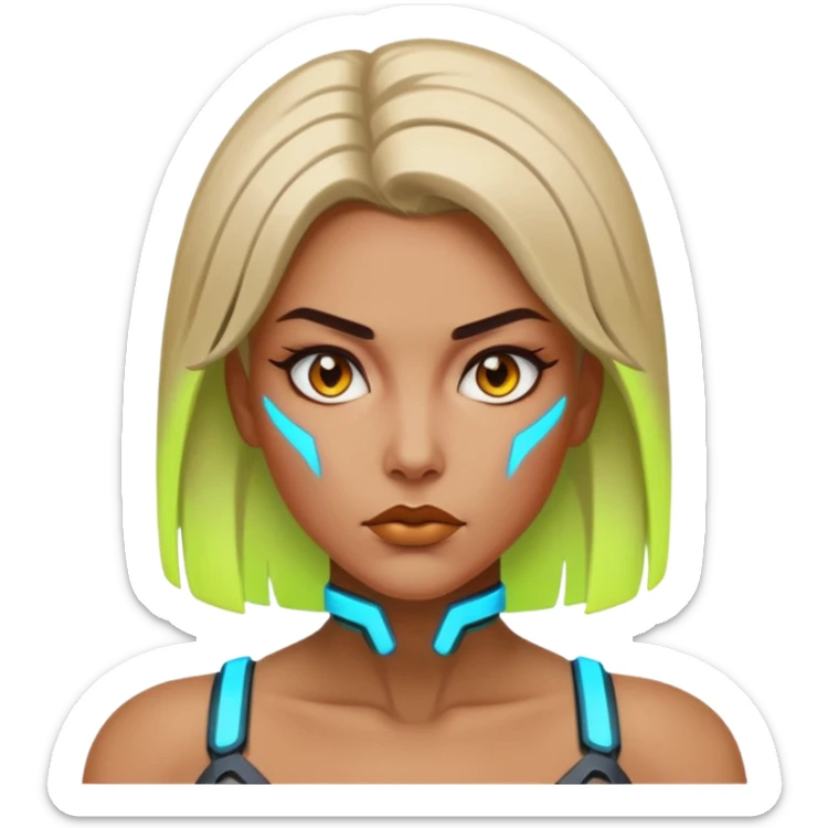 a strong woman with cybernetic enhancements and neon accents sticker