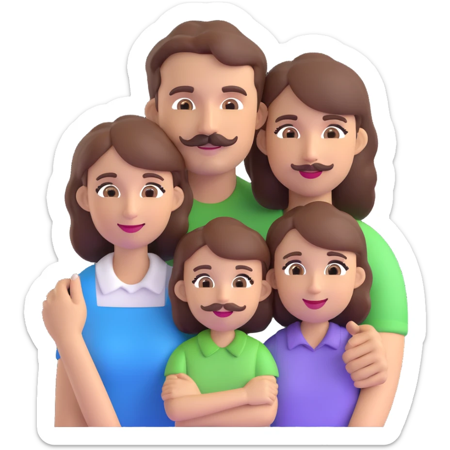 a family of three: mom with brown hair, dad with brown hair and a mustache, and a brown-haired daughter, all together, friendly 3D emoji style sticker