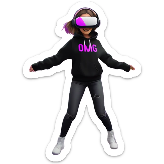 Russian girl wearing black hoody with violet letters "OMG", in vr headset oculus quest2. Dancing. Cyberpunk style. Violet neon. sticker