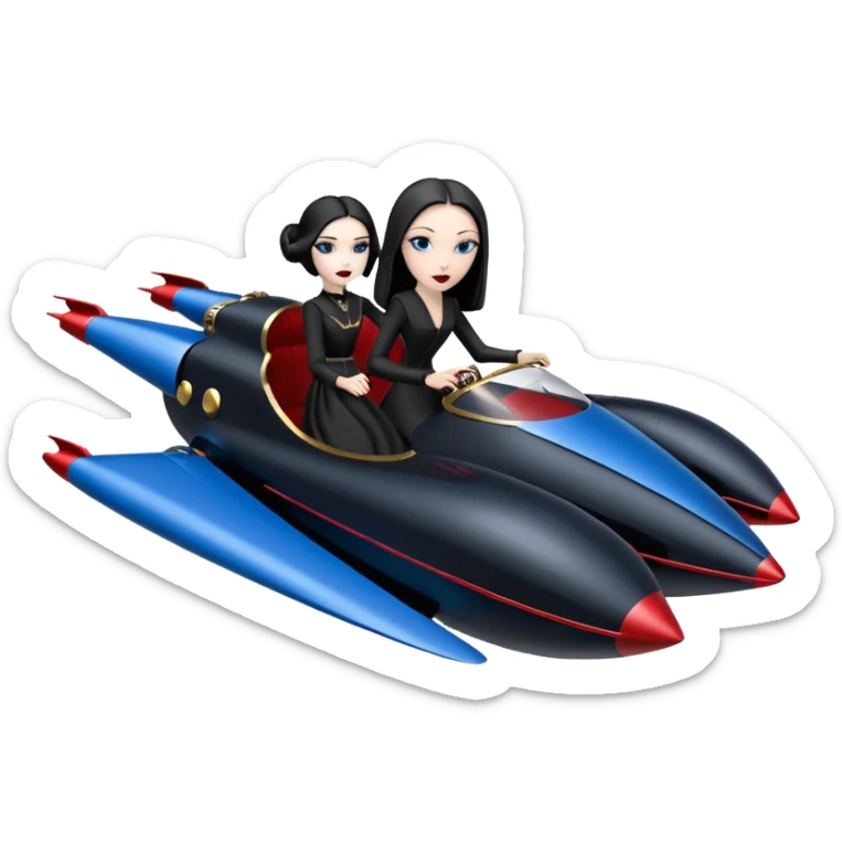 Jedi teen Morticia Addams flying a red and blue Zephyr-J Jumpspeeder anti-gravity repulsorlift powered by an imperial speeder steampunk hypercar  sticker