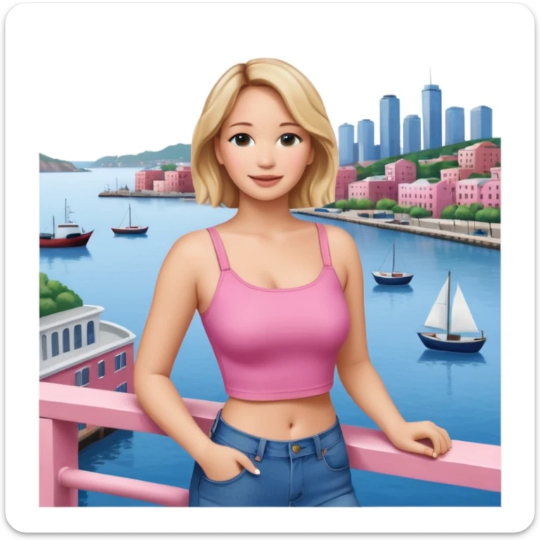jennifer lawrence, pink crop top, and blue jeans, leaning on a balcony with a harbor and cityscape in the background, smiling sticker