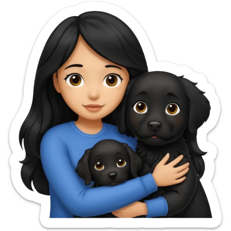 a girl with long, wavy black hair hugging a black Labrador with black fur a sticker