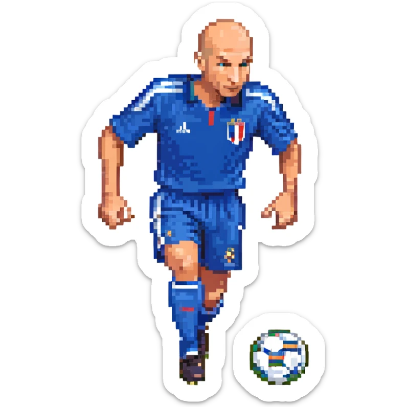 Zinedine Zidane, pixel art, bald, blue France jersey, dribbling a soccer ball, minimal background sticker