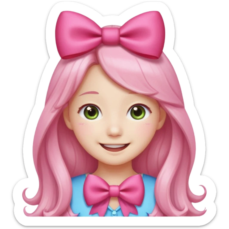 wonyoung as an apple-style emoji, smiling with sparkling eyes, long hair, pink bow sticker