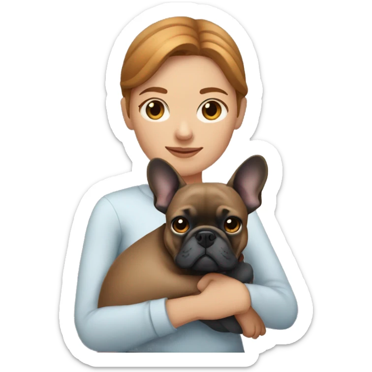 caramel hair woman with dark eyes hugging dark gray french bulldog sticker