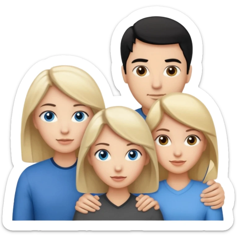 3 people. Throuple. Blank woman with blond hair and blue eye color on left. And also a blank man with black hair and grey eye color in the middle. And a blank woman with brown hair and grey eye color on the right. Holding each other sticker