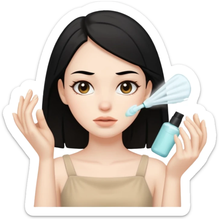 White girl with black hair in beige dress getting a facial cleansing sticker