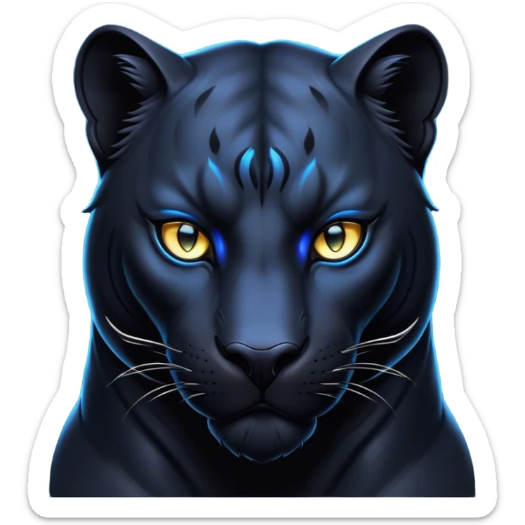 Cinematic Noble Panther Portrait Emoji, Poised and regal, with a sleek, muscular build draped in glossy, midnight-black fur and piercing, luminescent eyes, Simplified yet sharp and sophisticated features, highly detailed, glowing with a soft, mysterious glow, high shine, intelligent and enigmatic, stylized with an air of stealthy authority, focused and commanding, soft glowing outline, capturing the essence of a watchful and confident jungle guardian that appears ready to prowl out of the screen with effortless authority! sticker