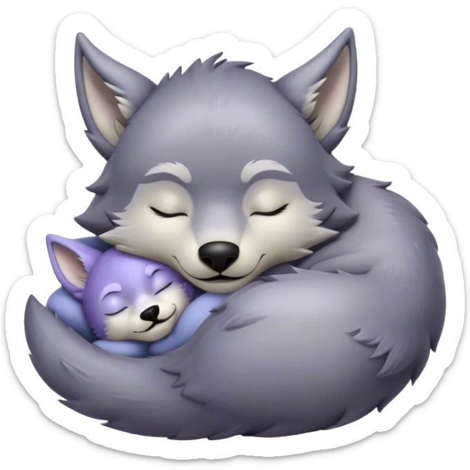 Meme-Worthy Cute Sleeping Werewolf Portrait Emoji, with a cuddly, miniature lupine form in soft moonlit grays and silvers, head resting peacefully with gently closed dreamy eyes and a small, content smile, simplified yet irresistibly endearing, highly detailed with a soft glowing outline that captures the cozy, sleepy essence of a werewolf after frolicking under the full moon! sticker