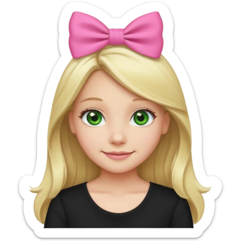 blonde girl middle part long hair , pink bow in hair, plain black top, green eyes. sticker