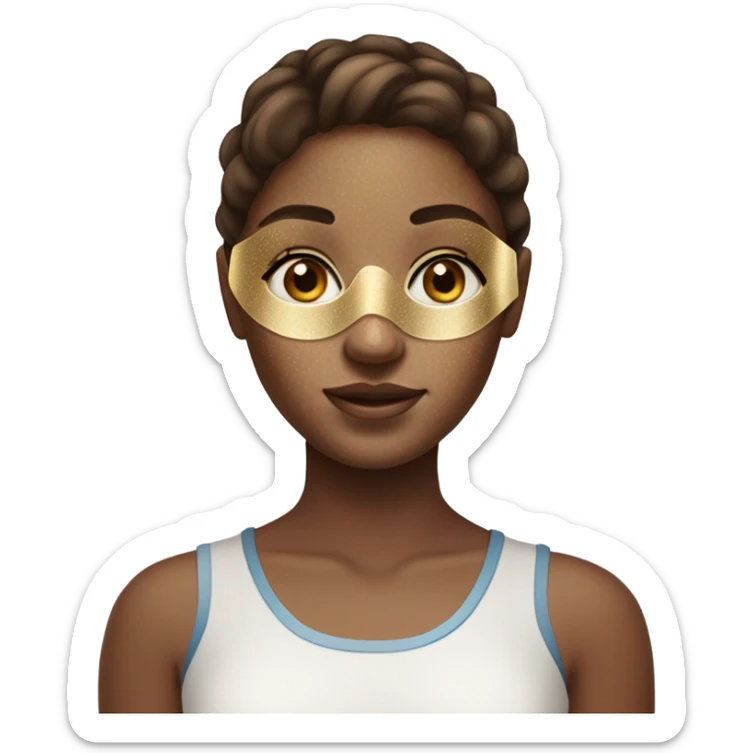 BROWN HAIR GIRL White girl with freackles and Brown hair, and blue eyes using Gold gel mask under her eyes sticker