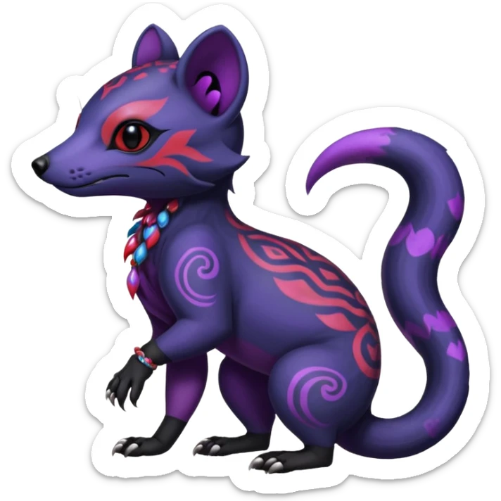 Rare warm-colored exotic gloomy tropical edgy cute epic aesthetic spooky indigo violet purple black red gothic colorful Salandit-Civet-species-Fakemon-hybrid-creature, with tribal tattoo markings, full body sticker