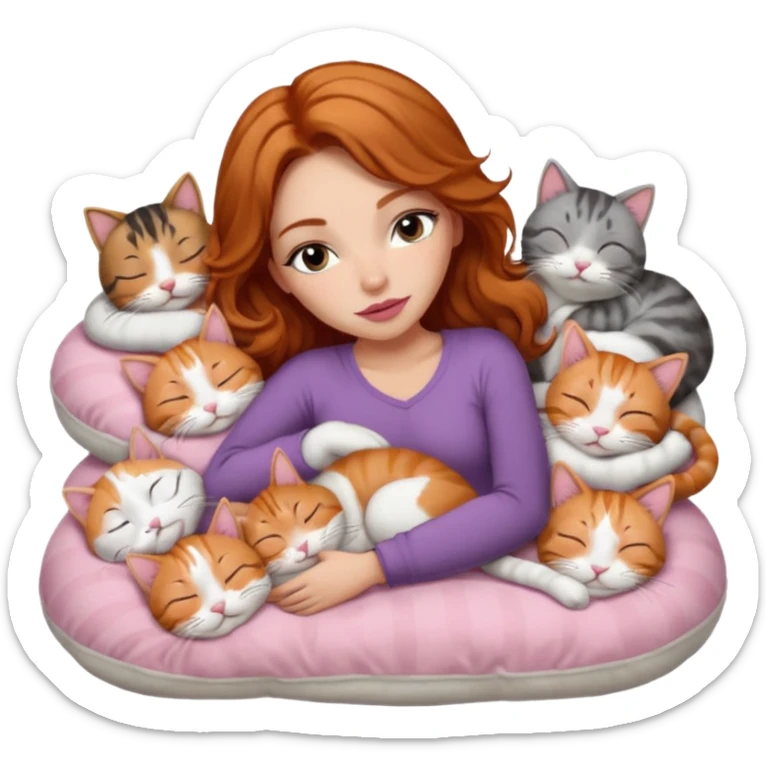 girl with long wavy brown hair, long lashes makeup, sexy pink lips, light to medium complexion,  sleeping on a cozy pillow, with 6 cats: 1 ginger/white, 1 grey with white paws, 1 calico, 2 grey and white and one tabby and white sticker