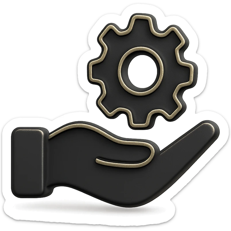 an icon representing services, such as a hand holding a gear, a handshake, or a support headset in 3D black style sticker