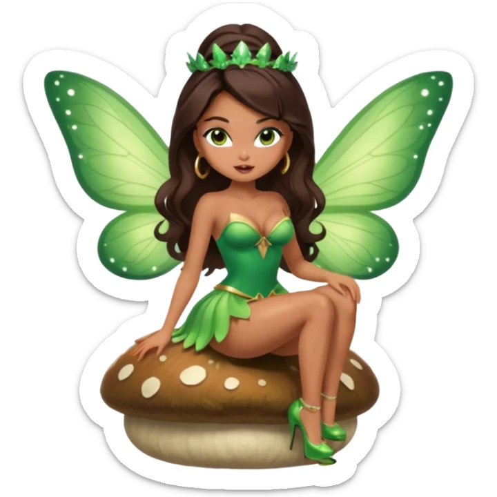 A sexy, super pretty bratz girl with caramel skin. Huge tits. Dark brown hair and brown eyes. She has freckles. Wearing sexy makeup. Wearing a green fairy costume and heels and flying nsfw sitting on a mushroom sticker
