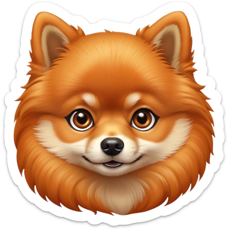 Cinematic Noble Orange Pomeranian Portrait Emoji, Poised and regal, with a compact, fluffy build and a well-groomed, vibrant orange Fur, deep-set soulful brown eyes, Simplified yet sharp and sophisticated features, highly detailed, glowing with a soft, dignified glow, high shine, intelligent and spirited, stylized with an air of elegance, focused and attentive, soft glowing outline, capturing the essence of a watchful and confident companion, so majestic it feels as though it could prance out of the screen with effortless authority! sticker