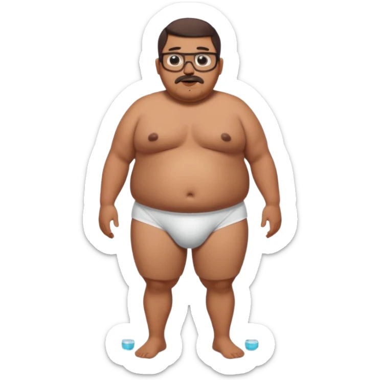 A full body standing, morbidly obese, fat, shirtless tanned mexican guy in his white underwear , with a short buzzcut, a beard, and glasses thats drooling  sticker
