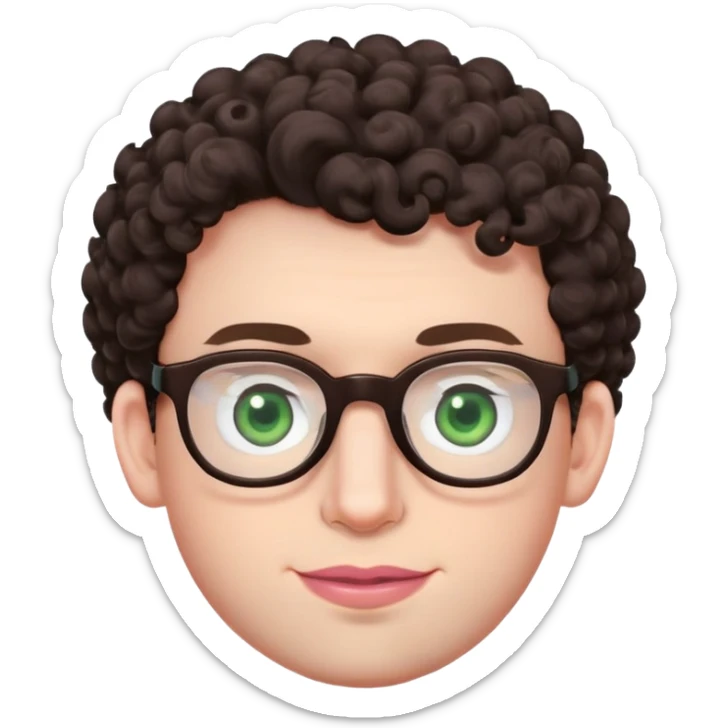 Young man with dark brown curlier poofy hair (same style but more curls), green eyes wearing glasses, wide face with eyes set apart, bigger ears, very pale skin, slightly bigger nose, fuller darker pink lips with a smile, and very light stubble sticker