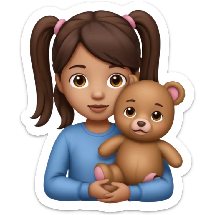 Toddler emoji with two pigtails dark brown hair holding stuff sticker