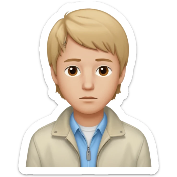 Brian Lackey from Mysterious Skin with brown eyes, dark blonde hair, light blue shirt, ivory jacket sticker