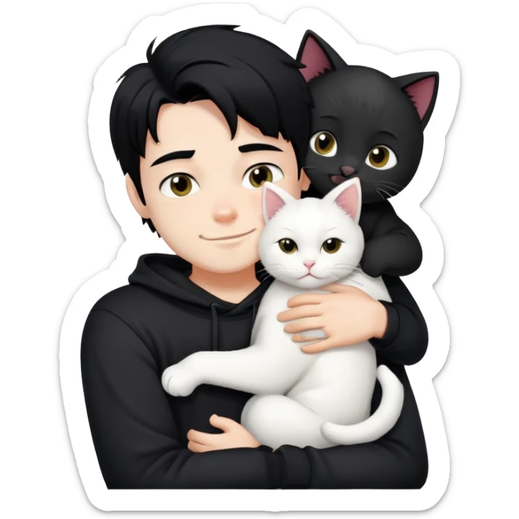 A bad boy with black hair wearing a sweatshirt happily hugs a white cat sticker
