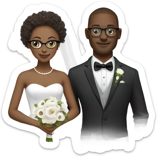 African-American groom with goat tee and white brunette wife both wearing glasses sticker