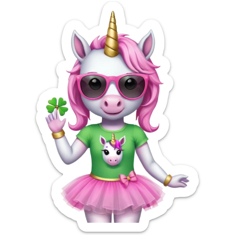 friendly anthropomorphised female unicorn with horse-like face, in tutu and pink t-shirt, wearing dark sunglasses, holding a shamrock or wearing a green accessory for St. Patrick's Day sticker