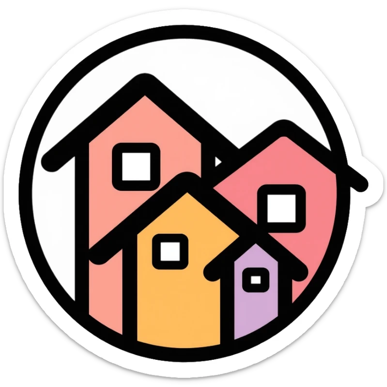 Community of houses in a circle, minimalist homelessness support logo sticker
